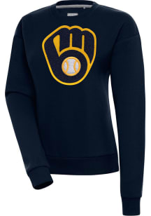 Antigua Milwaukee Brewers Womens Navy Blue Chenille Logo Victory Crew Sweatshirt