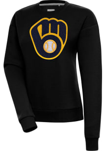Antigua Milwaukee Brewers Womens Black Chenille Logo Victory Crew Sweatshirt