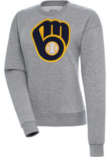Antigua Milwaukee Brewers Womens Grey Chenille Logo Victory Crew Sweatshirt
