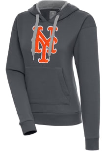 Antigua New York Mets Womens Charcoal Chenille Logo Victory Long Sleeve Pullover