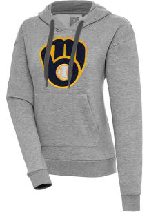 Antigua Milwaukee Brewers Womens Grey Chenille Logo Victory Long Sleeve Pullover