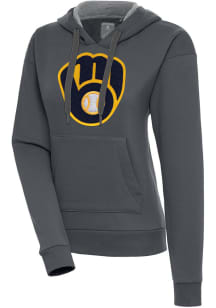 Antigua Milwaukee Brewers Womens Charcoal Chenille Logo Victory Long Sleeve Pullover