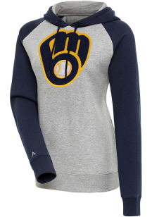 Antigua Milwaukee Brewers Womens Grey Chenille Logo Victory Hooded Sweatshirt