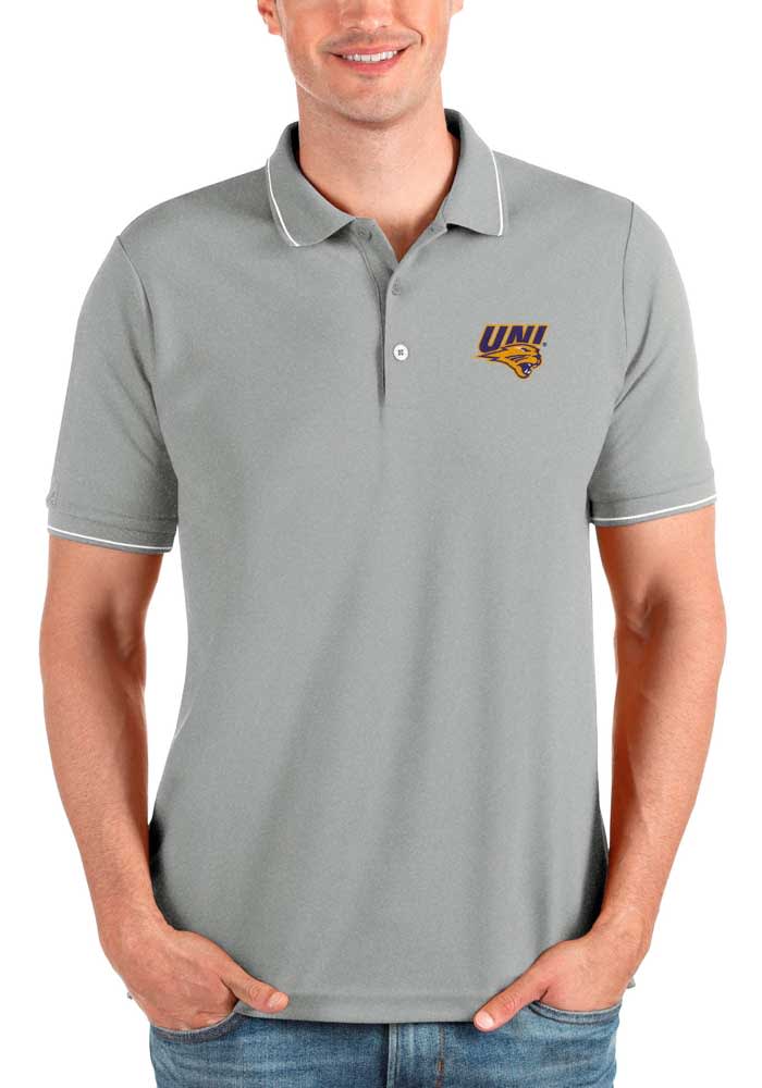 Antigua Northern Iowa Panthers Mens Grey Affluent Short Sleeve Polo