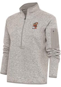 Antigua Cleveland Browns Womens Oatmeal Classic Logo Fortune 1/4 Zip Pullover