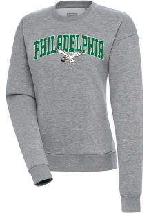 Antigua Philadelphia Eagles Womens Grey Chenille Logo Victory Crew Sweatshirt
