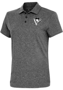 Antigua Pittsburgh Penguins Womens Black Metallic Logo Motivated Short Sleeve Polo Shirt