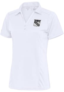 Antigua New York Rangers Womens White Metallic Logo Tribute Short Sleeve Polo Shirt