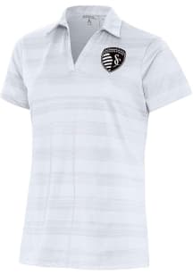 Antigua Sporting Kansas City Womens White Metallic Logo Compass Short Sleeve Polo Shirt