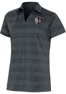 Antigua Sporting Kansas City Womens Grey Metallic Logo Compass Short Sleeve Polo Shirt