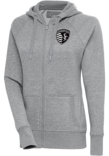 Antigua Sporting Kansas City Womens Grey Metallic Logo Victory Long Sleeve Full Zip Jacket