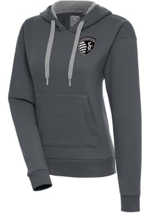 Antigua Sporting Kansas City Womens Charcoal Metallic Logo Victory Hooded Sweatshirt