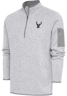 Antigua Milwaukee Bucks Mens Grey Metallic Logo Fortune Long Sleeve 1/4 Zip Pullover
