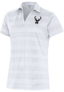 Antigua Milwaukee Bucks Womens White Metallic Logo Compass Short Sleeve Polo Shirt