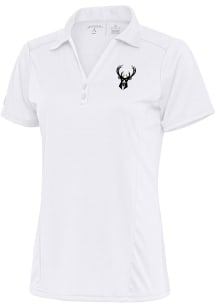 Antigua Milwaukee Bucks Womens White Metallic Logo Tribute Short Sleeve Polo Shirt