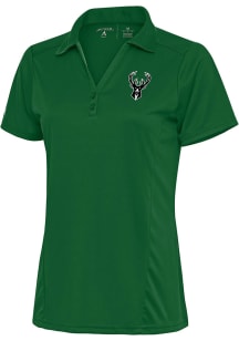 Antigua Milwaukee Bucks Womens Green Metallic Logo Tribute Short Sleeve Polo Shirt