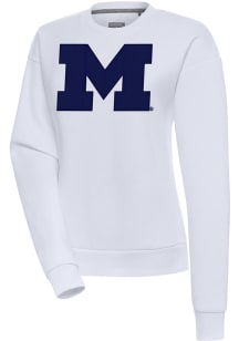 Womens Michigan Wolverines White Antigua Full Front Victory Crew Sweatshirt