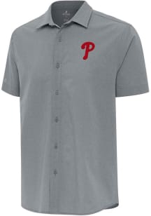 Antigua Philadelphia Phillies Mens Grey Activate Short Sleeve Dress Shirt
