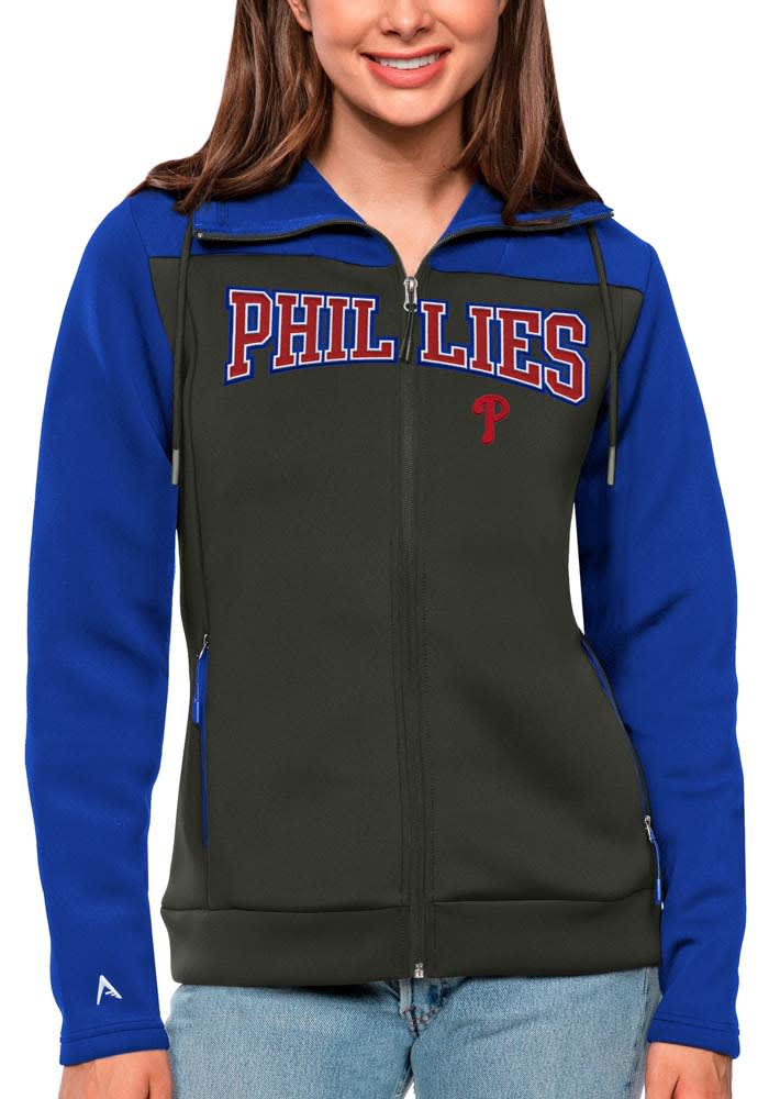 Antigua Philadelphia Phillies Women's Blue Metallic Logo Victory Long Sleeve Full Zip Jacket, Blue, 65% Cotton / 35% POLYESTER, Size S, Rally House