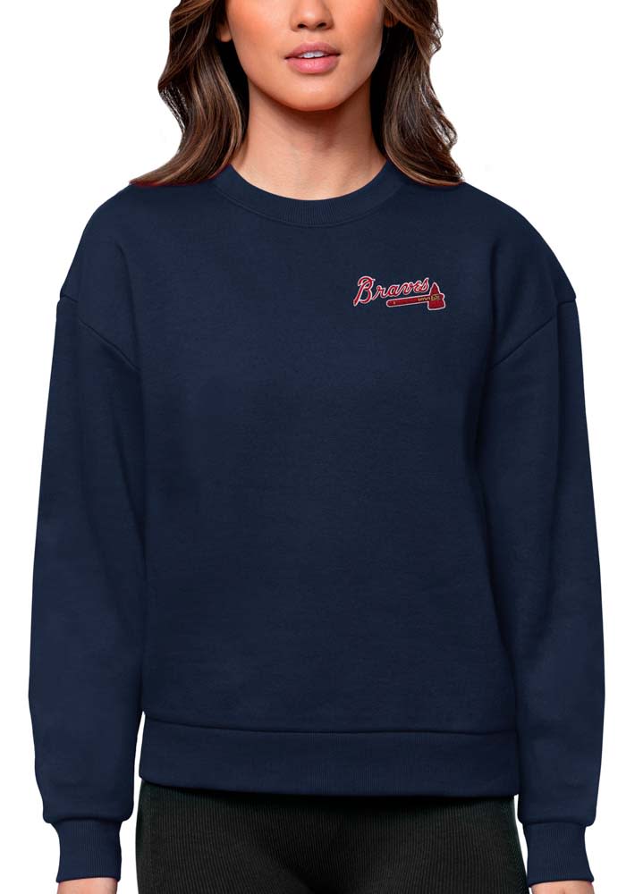 Antigua Women's Atlanta Braves Navy Victory Crew Pullover