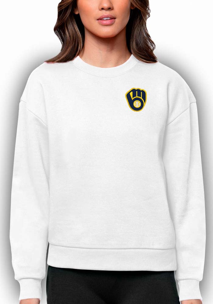 Men's Antigua Oatmeal Milwaukee Brewers Reward Crewneck Pullover Sweatshirt Size: Small