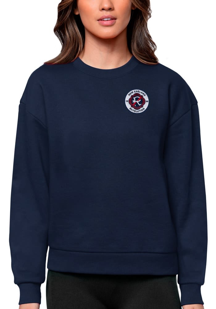 Antigua New England Patriots Women's Navy Blue Victory Crew Sweatshirt, Navy Blue, 65% Cotton / 35% POLYESTER, Size L, Rally House