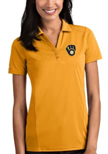 Antigua Milwaukee Brewers Womens Gold Tribute Short Sleeve Polo Shirt
