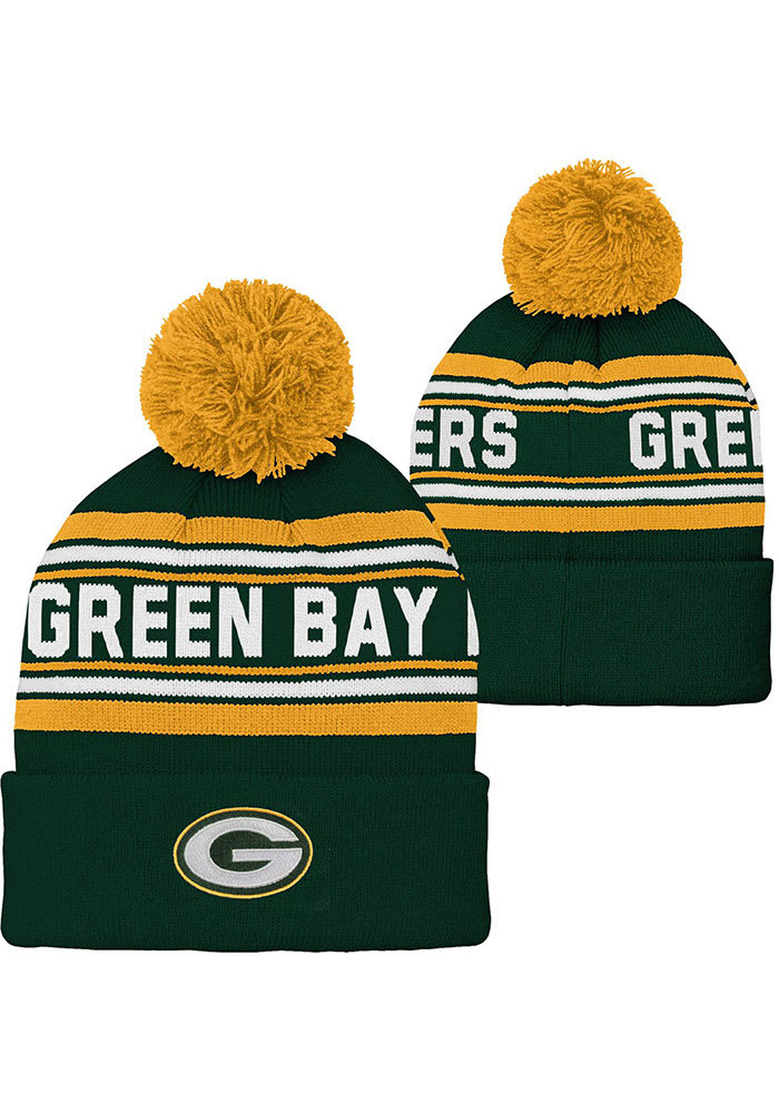 Youth Green Green Bay Packers Jacquard Cuffed Knit Hat with Pom