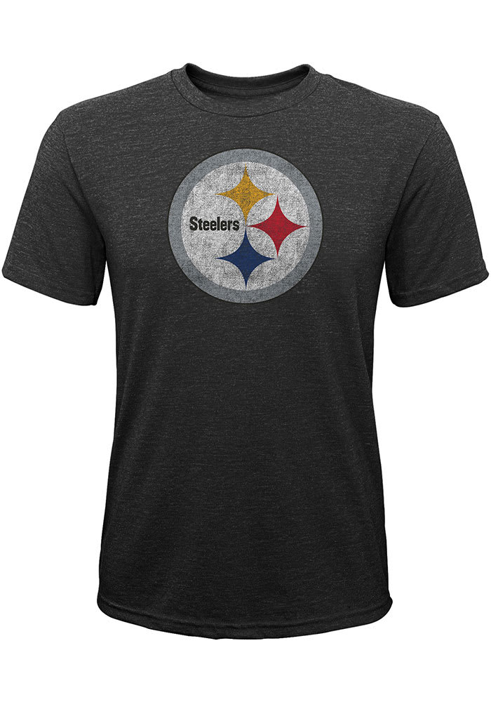 Pittsburgh Steelers Youth Black Distressed Primary Short Sleeve Fashion T-Shirt