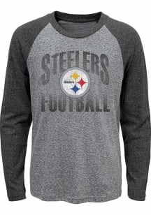 Pittsburgh Steelers Youth Grey Go For It Raglan Long Sleeve Fashion T-Shirt