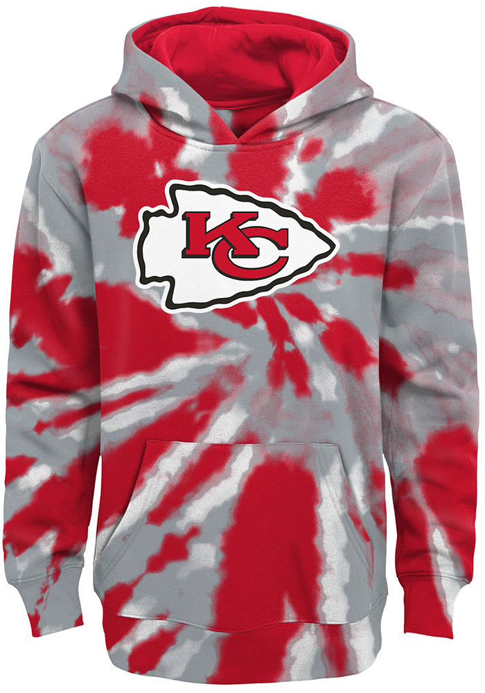 Kansas City Chiefs Youth Red Tie Dye Primary Logo Long Sleeve Hoodie