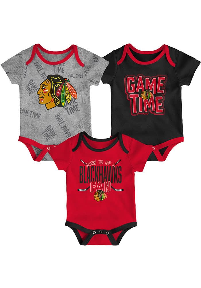 Newborn Infant Red Black Heathered Gray Chicago Blackhawks Game Time Three Piece Bodysuit Set