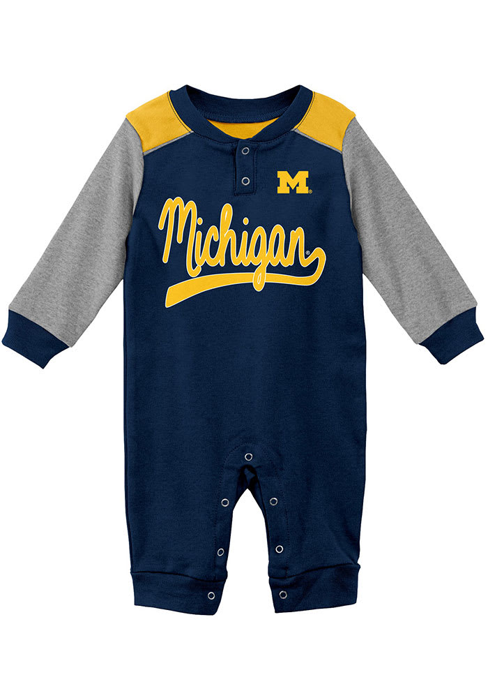 Michigan Wolverines Baby Navy Blue Scrimmage Long Sleeve One Piece
