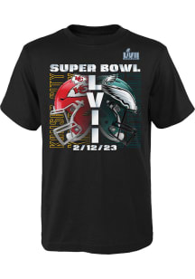 Philadelphia Eagles Youth Black Helmet Decal 2022 Super Bowl Match Up Short Sleeve T-Shirt