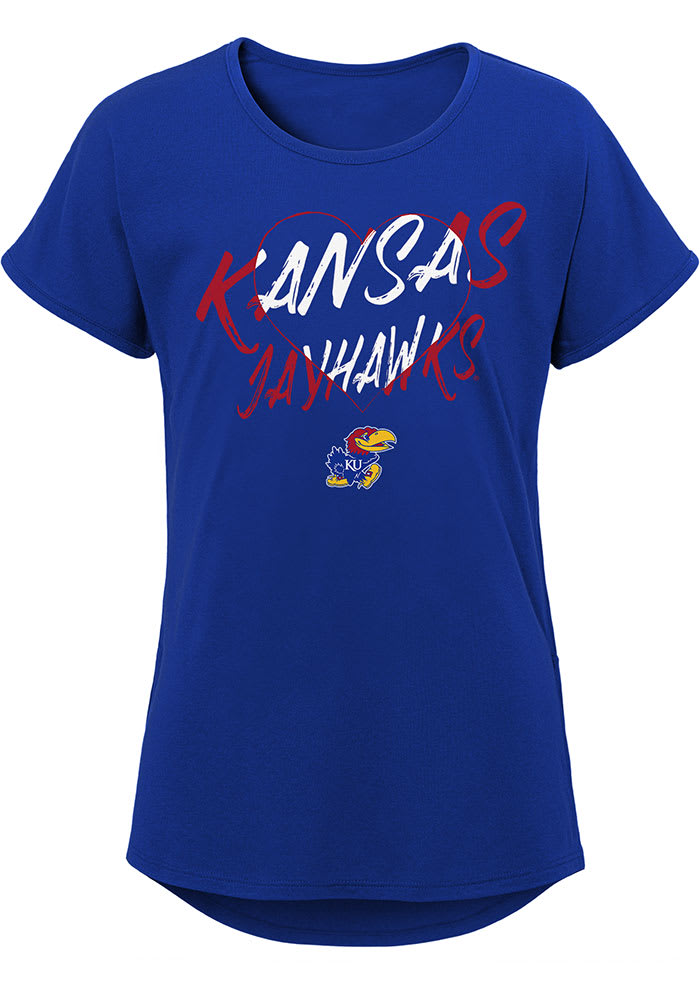 Kansas Jayhawks Girls Blue Slogan Heart Short Sleeve Tee
