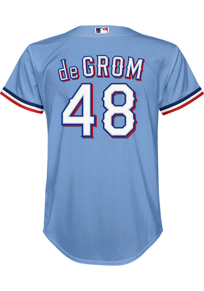 Outerstuff (Nike) Jacob deGrom Nike Texas Rangers Youth Light Blue Alt Replica Jersey, Light Blue, 100% POLYESTER, Size L, Rally House