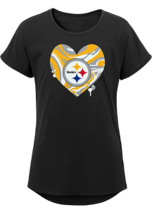 Pittsburgh Steelers Girls Black Drip Heart Short Sleeve Tee