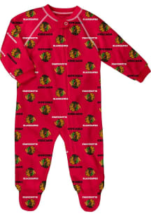 Chicago Blackhawks Baby Red All Over logo Raglan Loungewear One Piece Pajamas