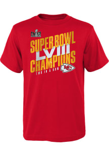 Kansas City Chiefs Boys Red Super Bowl LVIII Champs Iconic Victory Short Sleeve T-Shirt
