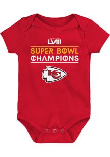 Kansas City Chiefs Baby Red Super Bowl LVIII Champs Stack Short Sleeve One Piece