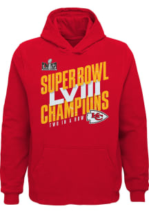 Kansas City Chiefs Youth Red Super Bowl LVIII Champs Iconic Victory Long Sleeve Hoodie