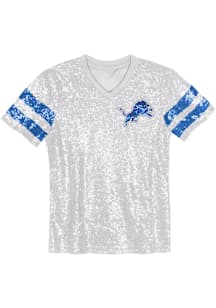 Detroit Lions Girls White Glam Striped Sequin Short Sleeve Fashion T-Shirt