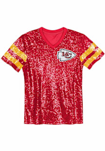 Kansas City Chiefs Girls Red Glam Striped Sequin Short Sleeve Fashion T-Shirt