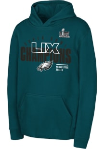 Philadelphia Eagles Youth Teal 2024 Super Bowl Champions Iconic Victory Long Sleeve Hoodie