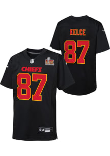 Travis Kelce Kansas City Chiefs Youth Black Nike 2024 Super Bowl Participant LIX Patch Carbon Foot..