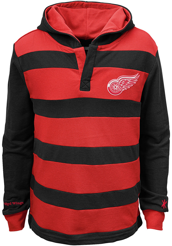 Detroit Red Wings Kids Black Striped Rugby Long Sleeve Hoodie