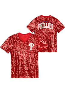 Philadelphia Phillies Girls Red Wordmark Sequin Short Sleeve Fashion T-Shirt