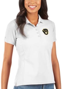 Antigua Milwaukee Brewers Womens White Legacy Pique Short Sleeve Polo Shirt