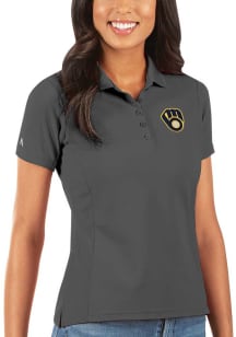 Antigua Milwaukee Brewers Womens Grey Legacy Pique Short Sleeve Polo Shirt