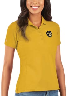 Antigua Milwaukee Brewers Womens Gold Legacy Pique Short Sleeve Polo Shirt
